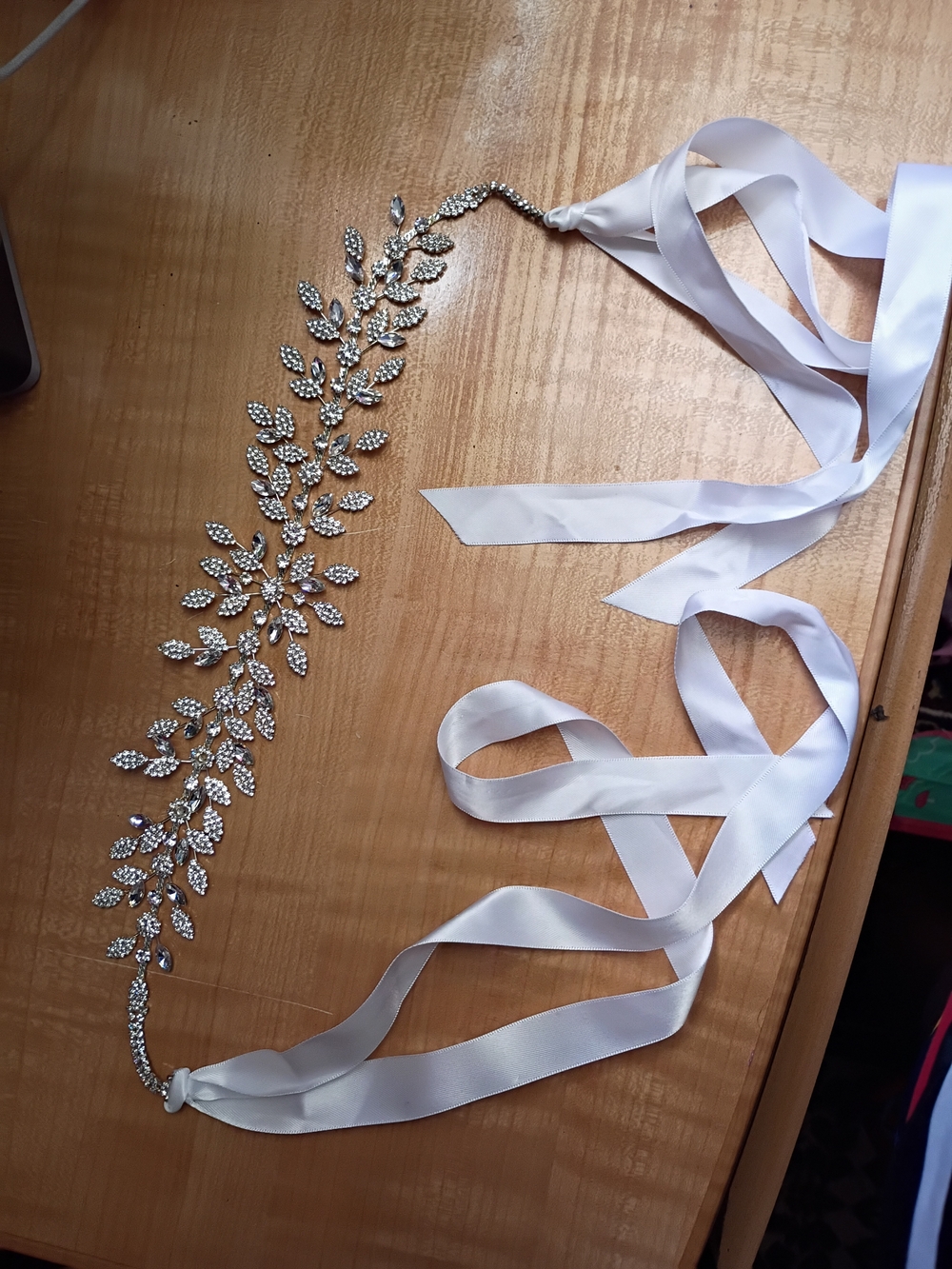 Crystal Leaf Bridal Sash with White Satin Ribbon
